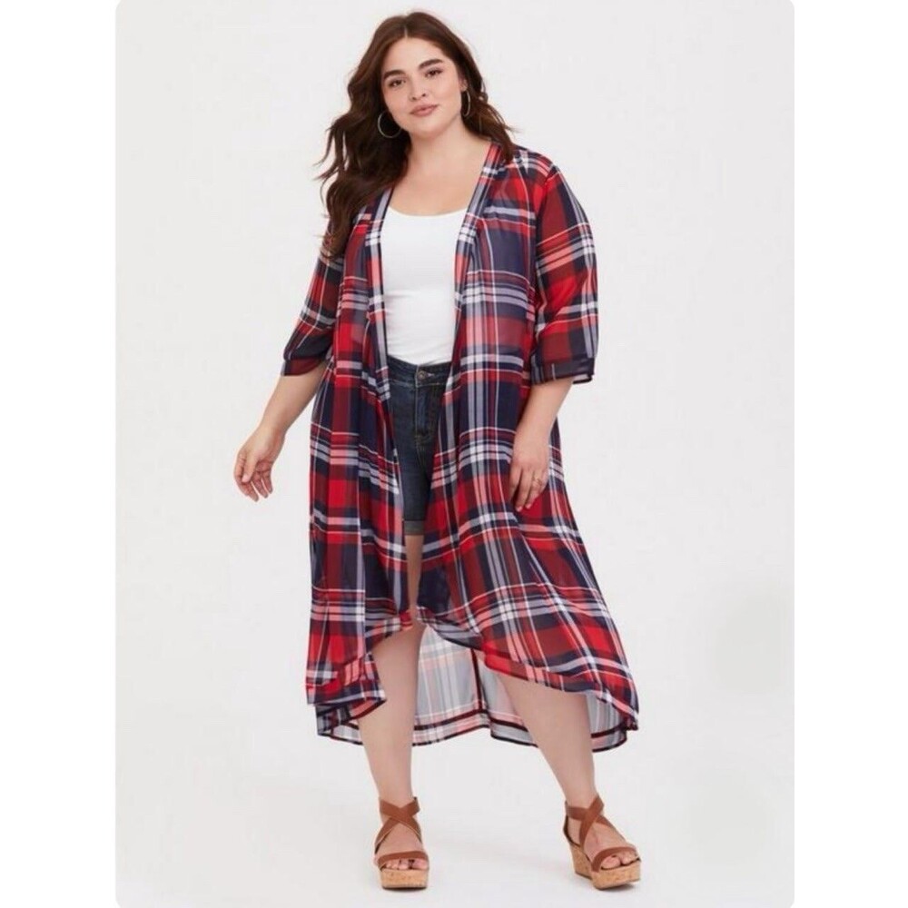 Torrid Chiffon Maxi High Low Kimono Duster Women’s Plus Size 1/2 Plaid Sheer
